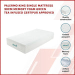 Palermo King Single Mattress 30cm Memory Foam Green Tea Infused CertiPUR Approved - Furniture > Mattresses