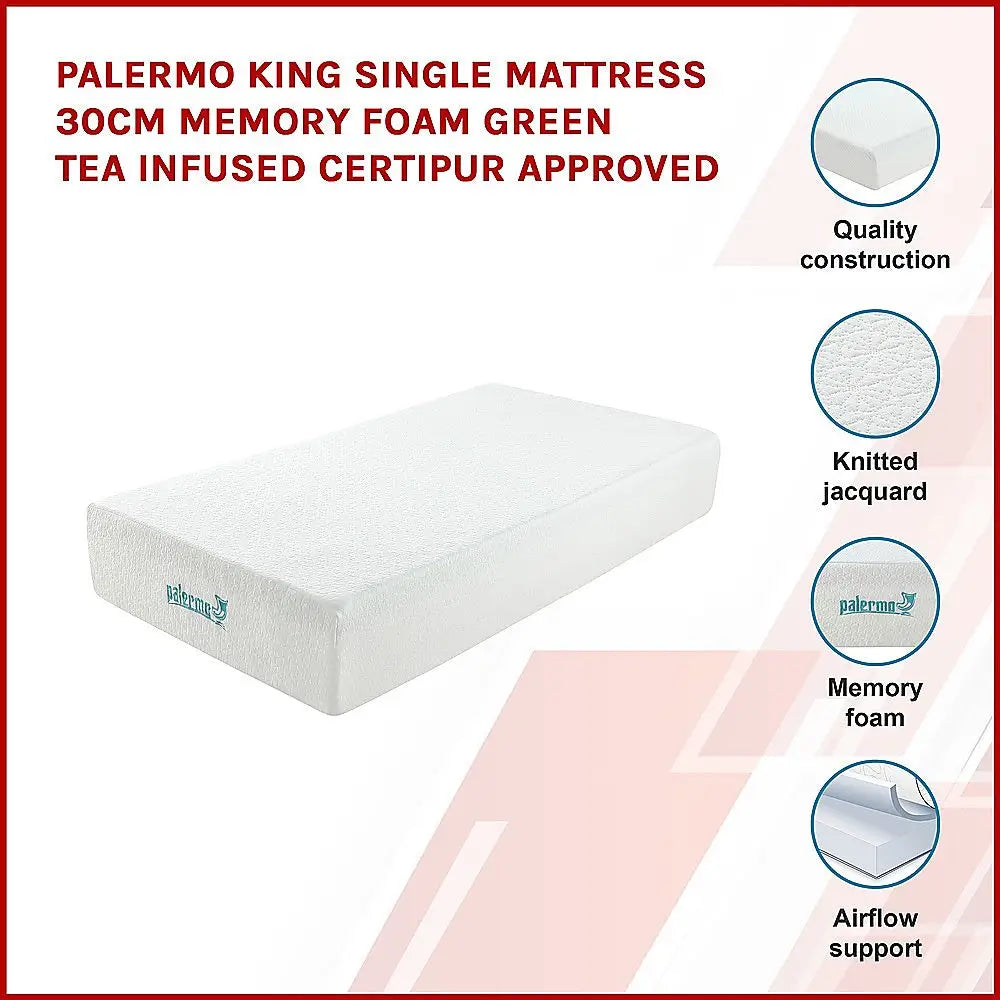 Palermo King Single Mattress 30cm Memory Foam Green Tea Infused CertiPUR Approved - Furniture > Mattresses