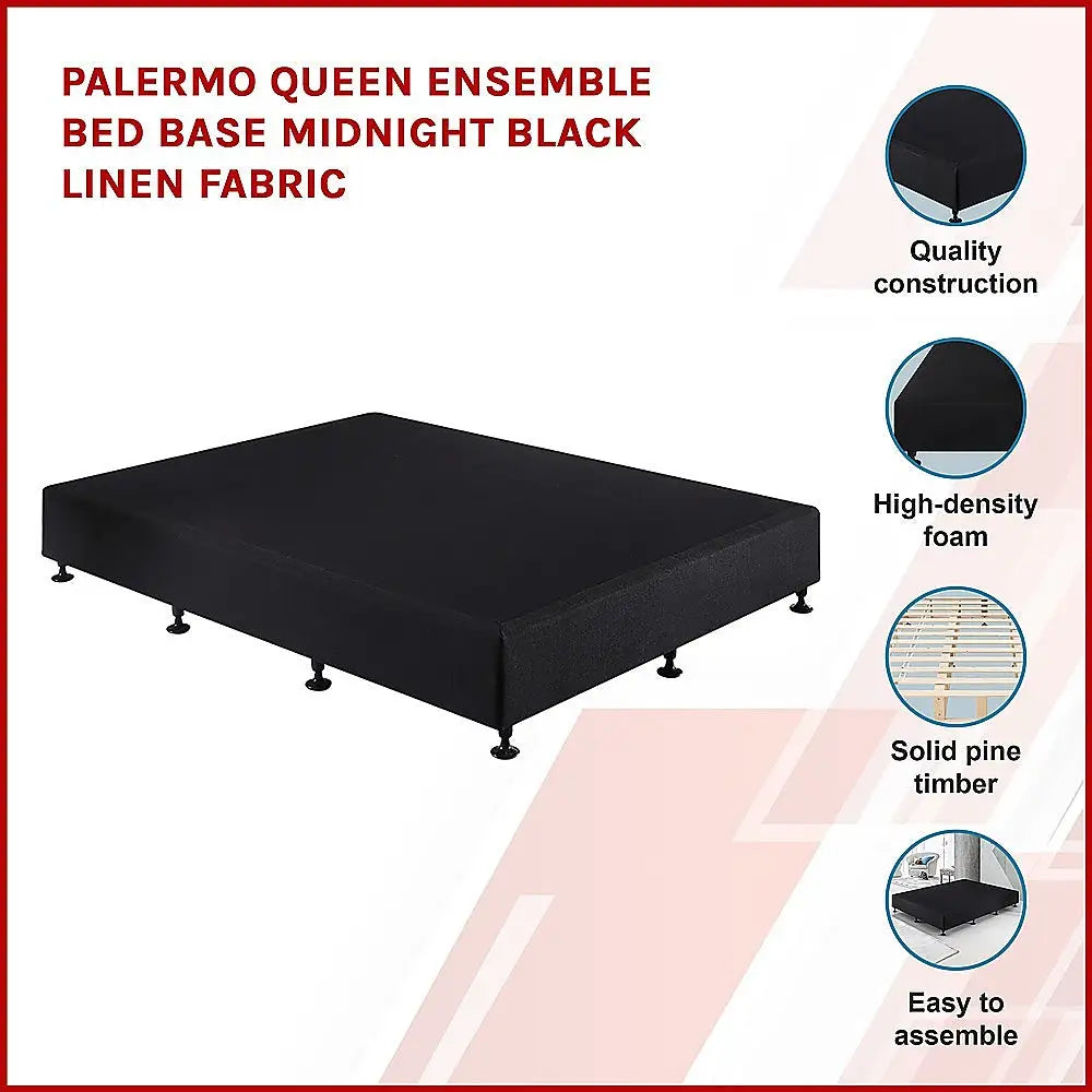 Palermo Queen Ensemble Bed Base Midnight Black Linen Fabric - Furniture > Bedroom