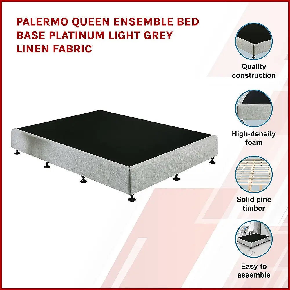 Palermo Queen Ensemble Bed Base Platinum Light Grey Linen Fabric - Furniture > Bedroom > Beds & Bed Frames