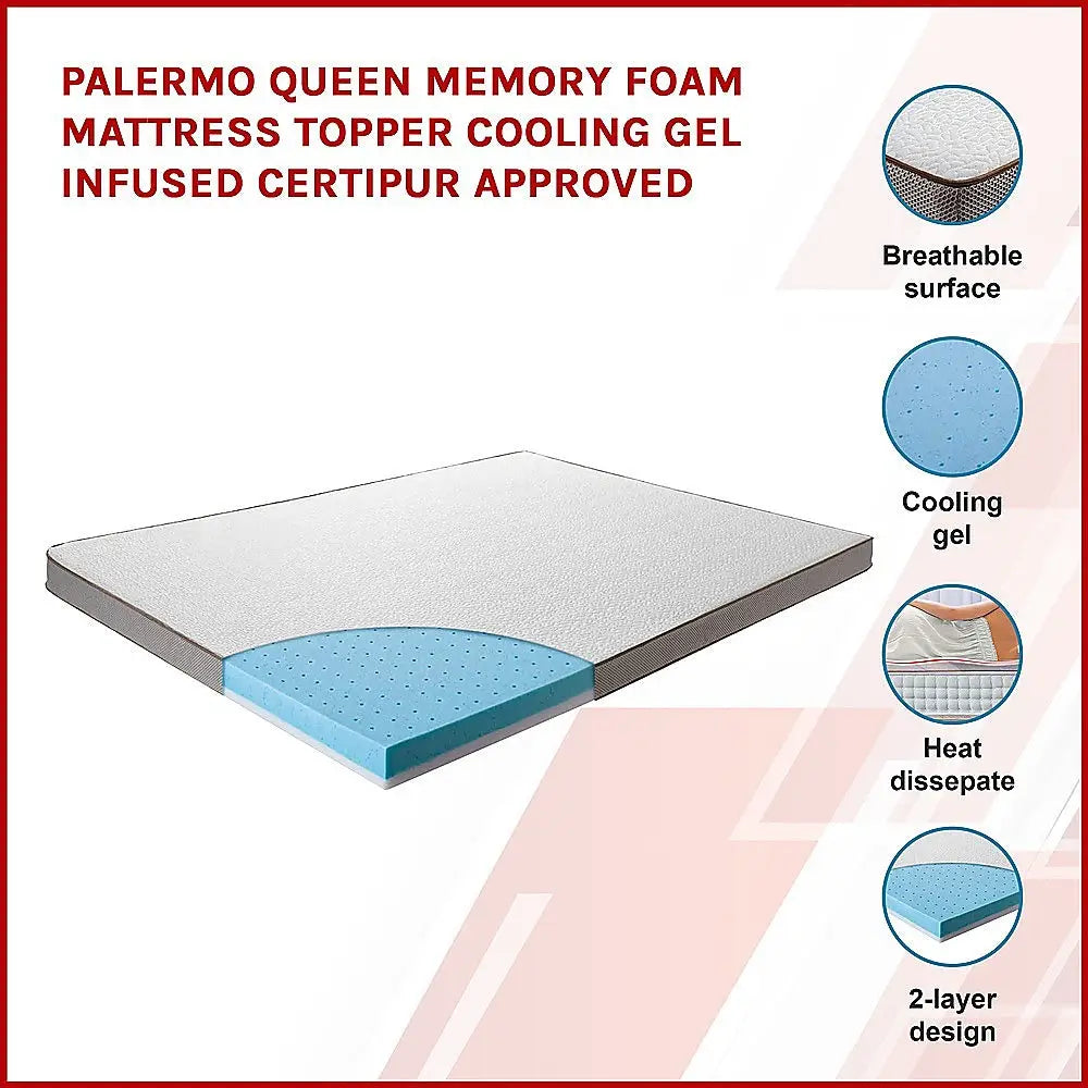 Palermo Queen Memory Foam Mattress Topper Cooling Gel Infused CertiPUR Approved - Furniture > Mattresses