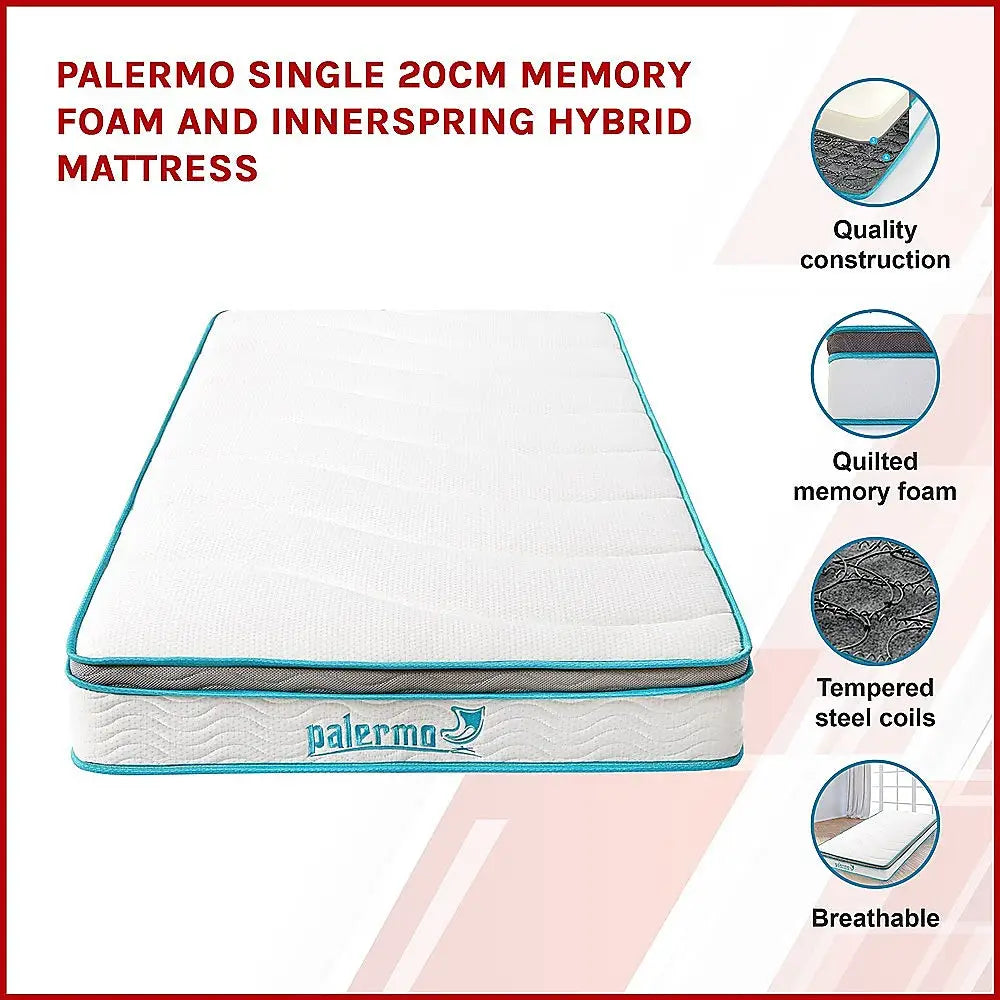 Palermo Single 20cm Memory Foam and Innerspring Hybrid Mattress - Furniture > Mattresses