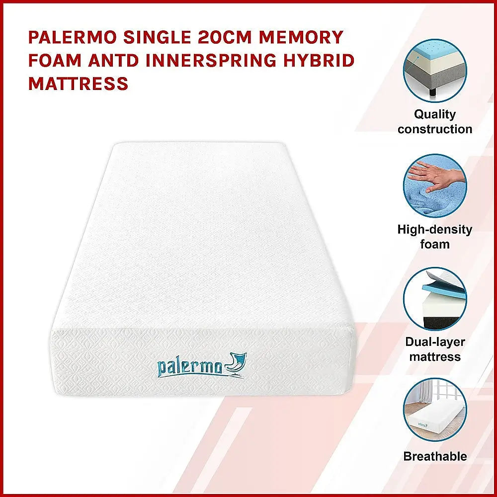 Palermo Single 25cm Gel Memory Foam Mattress - Dual-Layered - CertiPUR-US Certified - Furniture > Mattresses