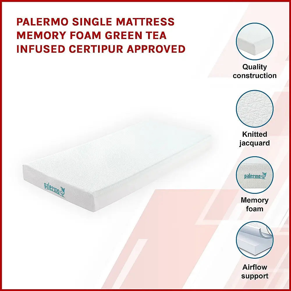 Palermo Single Mattress Memory Foam Green Tea Infused CertiPUR Approved - Furniture > Mattresses