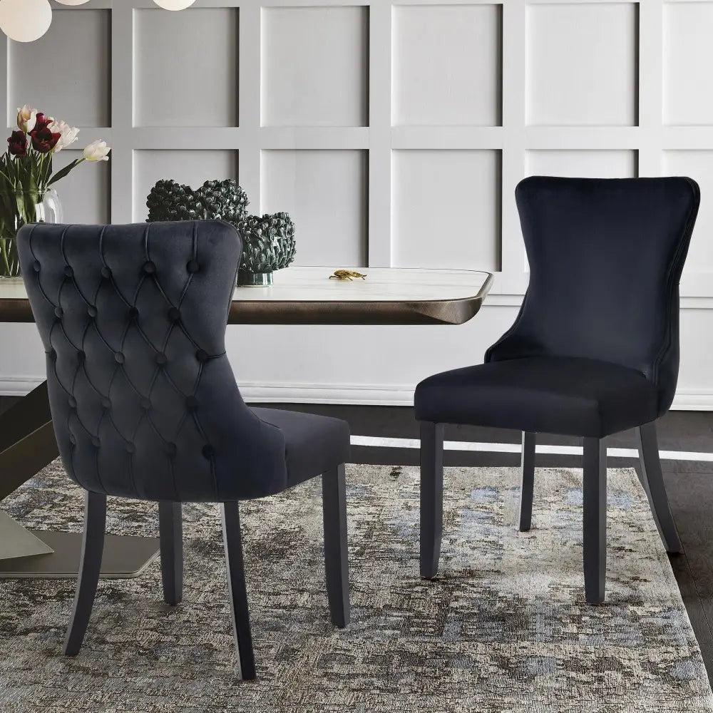 Paris Black Velvet and black Rubberwood Upholstered Dining Chairs Tufted Back -Set of 2 - Furniture > Dining
