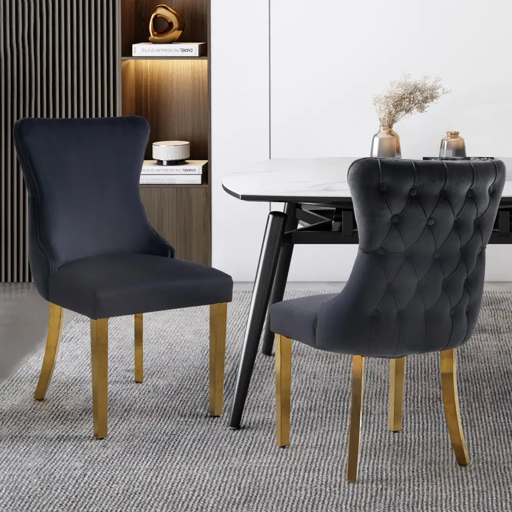 Paris Black Velvet & Gold Polished Steel Upholstered Dining Chairs Tufted Back - Set of 2 - Furniture > Dining