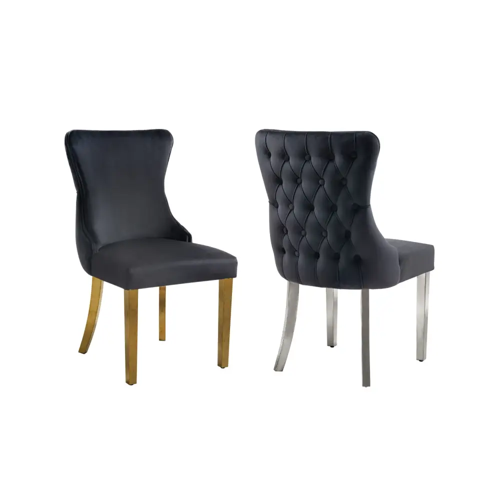 Paris Black Velvet & Gold Polished Steel Upholstered Dining Chairs Tufted Back - Set of 2 - Furniture > Dining