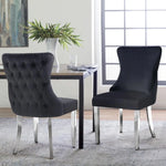 Paris Black Velvet & Silver Polished Steel Upholstered Dining Chairs Tufted Back - Set of 2 - Furniture > Dining