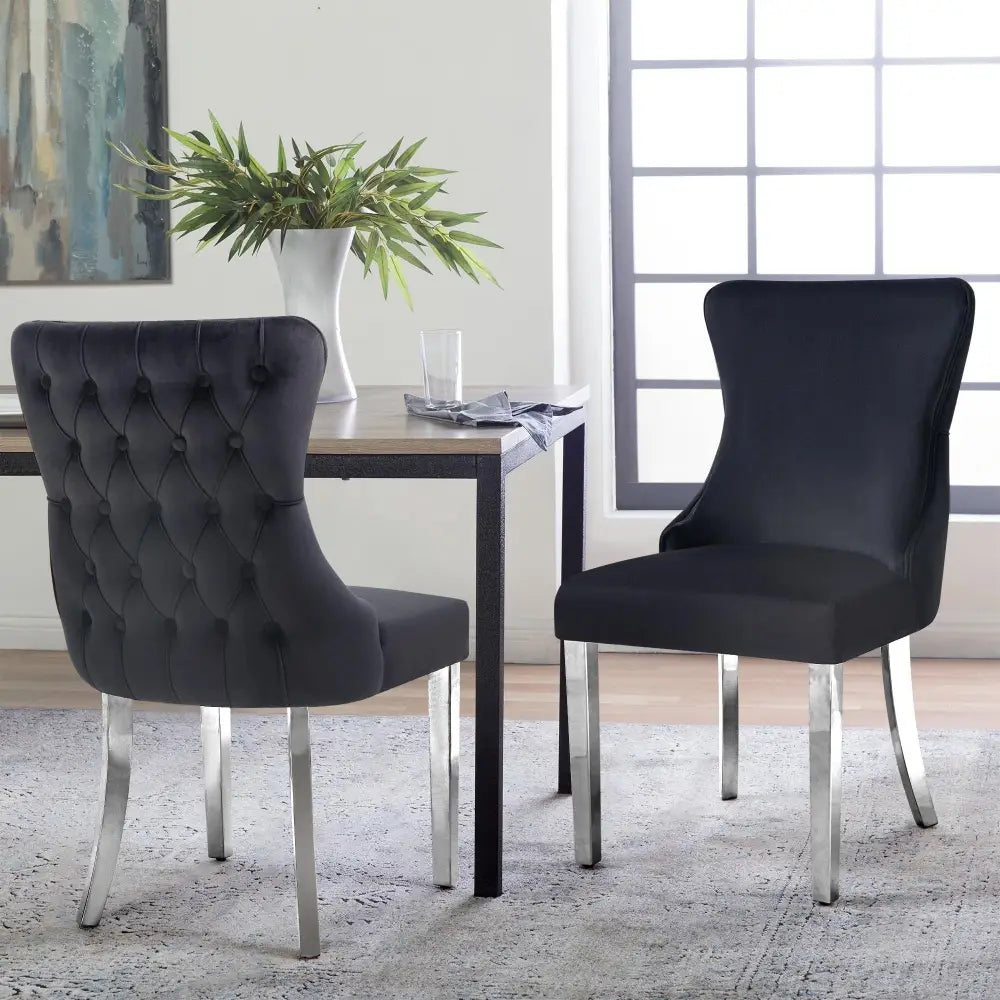 Paris Black Velvet & Silver Polished Steel Upholstered Dining Chairs Tufted Back - Set of 2 - Furniture > Dining