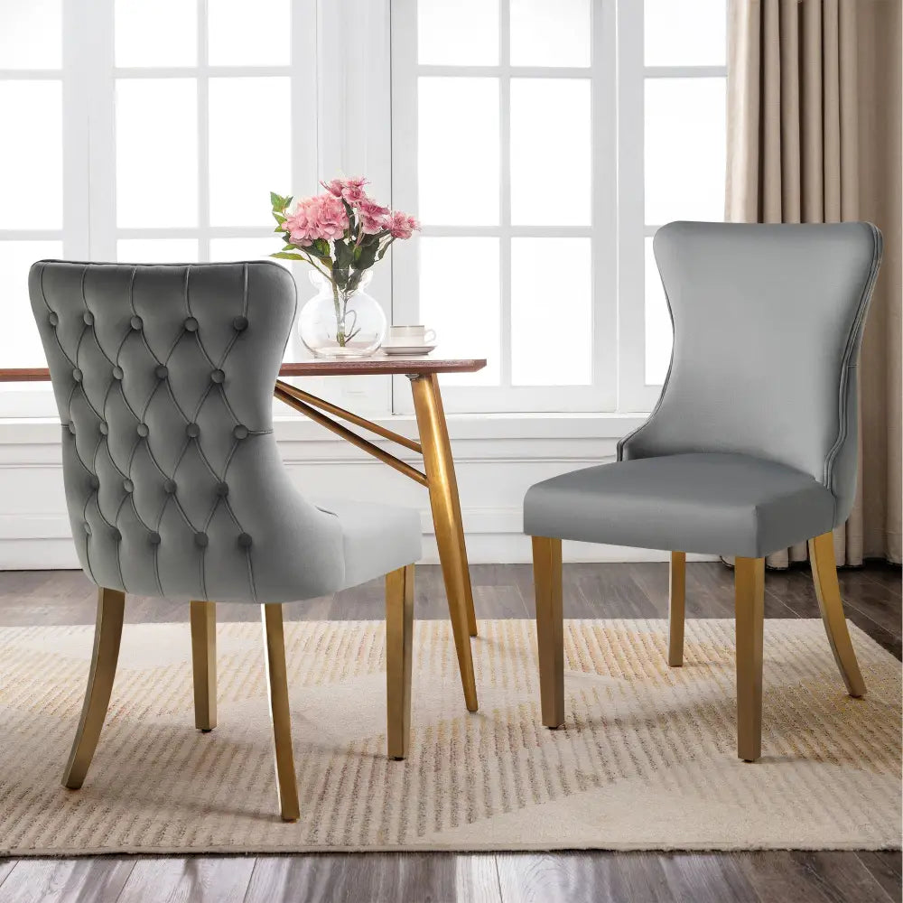 Paris Dark Grey Velvet & Gold Polished Steel Upholstered Dining Chairs Tufted Back - Set of 2 - Furniture > Dining