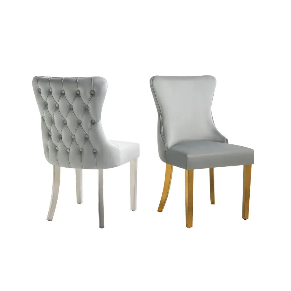 Paris Dark Grey Velvet & Silver Polished Steel Upholstered Dining Chairs Tufted Back - Set of 2 - Furniture > Dining