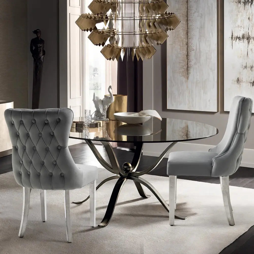 Paris Dark Grey Velvet & Silver Polished Steel Upholstered Dining Chairs Tufted Back - Set of 2 - Furniture > Dining