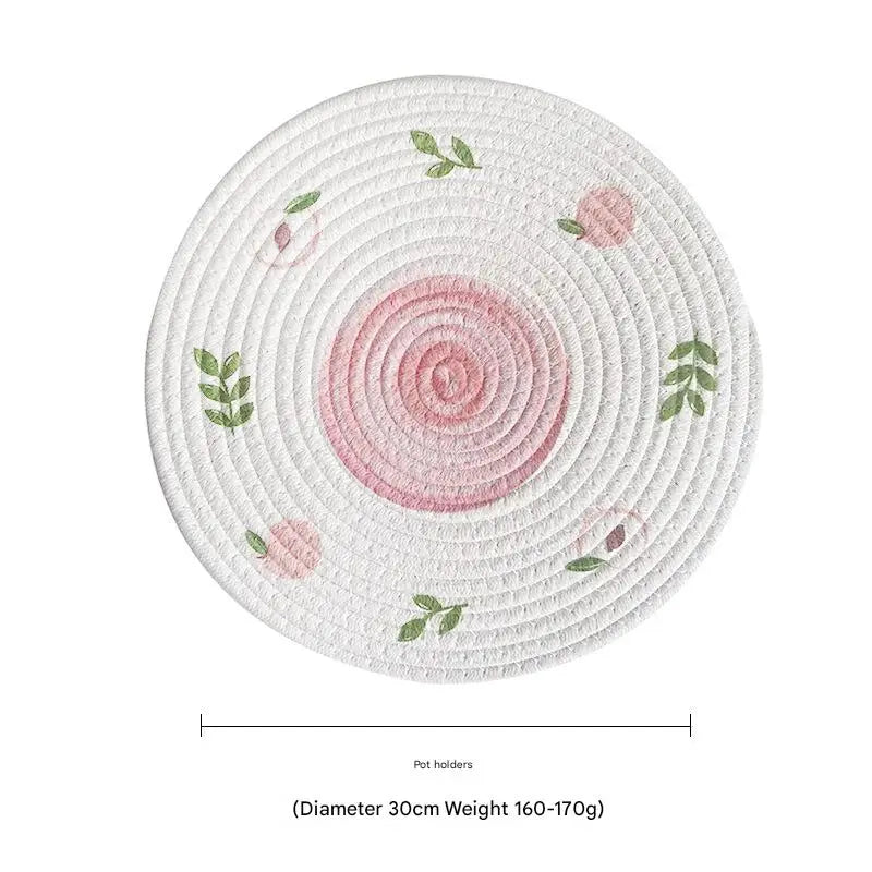 (Peach) Cotton Rope Woven Placemats - Set of 3 30cm Diameter Heat Resistant Kitchen Decor - Home & Garden > Kitchenware