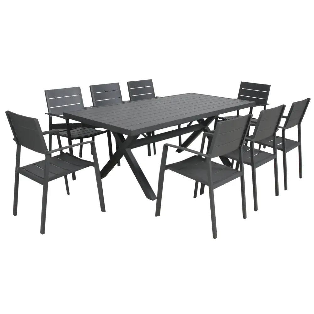 Percy 9pc 200cm Outdoor Trestle Dining Table Chair Set Aluminium Frame Grey - Furniture > Outdoor