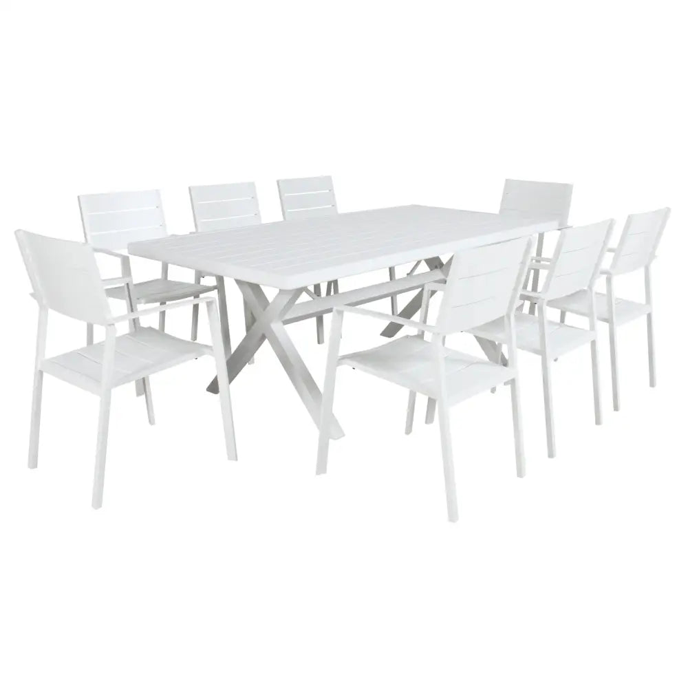 Percy 9pc 200cm Outdoor Trestle Dining Table Chair Set Aluminium Frame White - Furniture > Outdoor