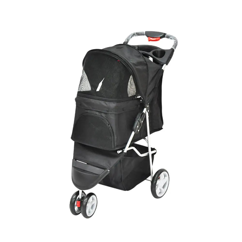 Pet Stroller Pram - Dog or Cat Black 3 Wheeled Folding Travel Buggy Pushchair - Pet Care > Dog Supplies > Dog Carriers