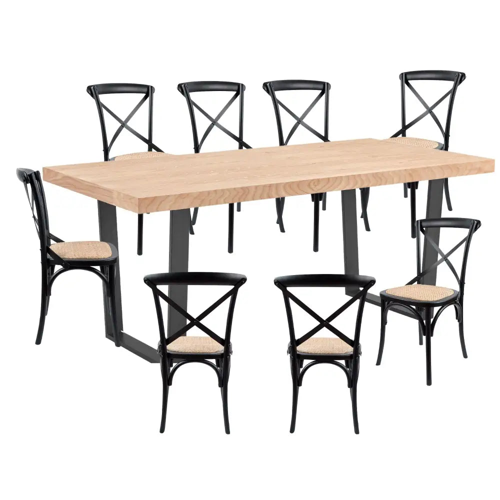 Petunia 9pc 210cm Dining Table Set 8 Cross Back Chair Elm Timber Wood Metal Leg - Furniture > Dining