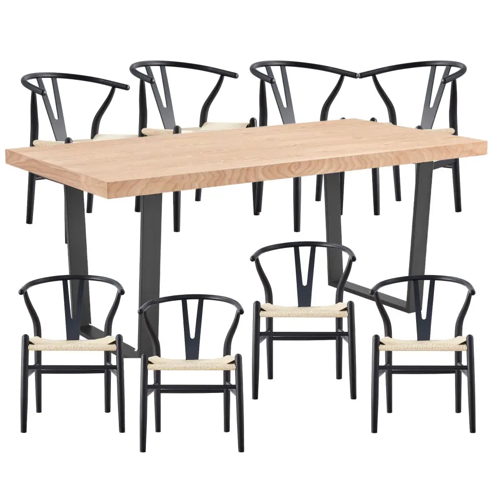 Petunia 9pc 210cm Dining Table Set 8 Wishbone Chair Elm Timber Wood Metal Leg - Furniture > Dining