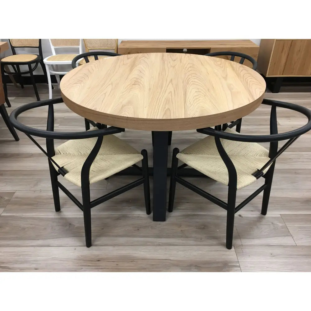Petunia Round Dining Table 120cm Elm Timber Wood Black Metal Leg - Natural - Furniture > Dining