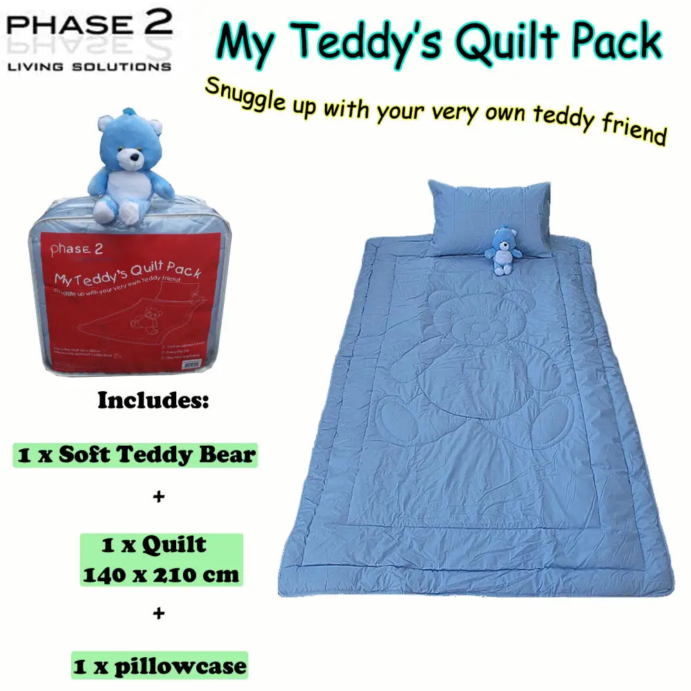 Phase 2 My Teddy’s Quilt / Comforter Set with Toy Blue Single - Home & Garden > Bedding
