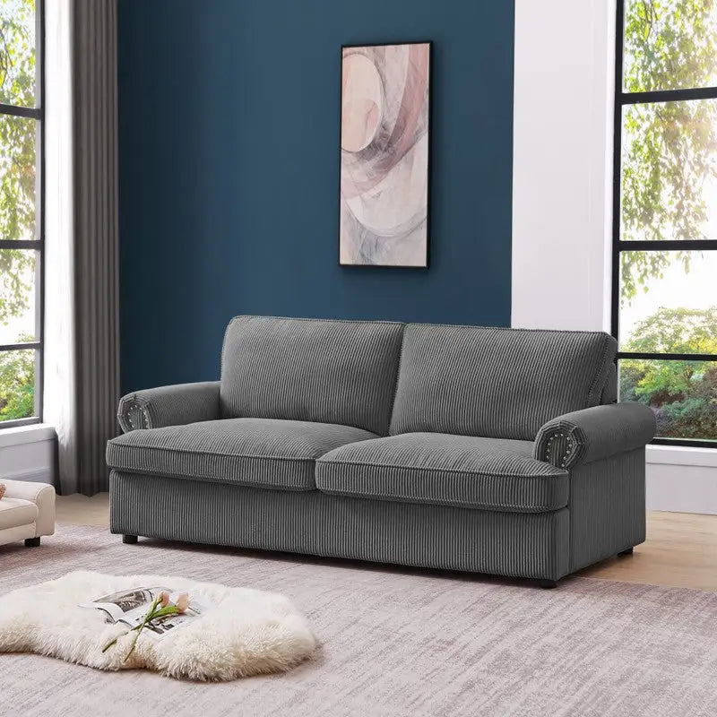 PHEBE 3 Seater Sofa bed with Separate Foam Mattress- Corduroy Dark grey - Furniture > Sofas