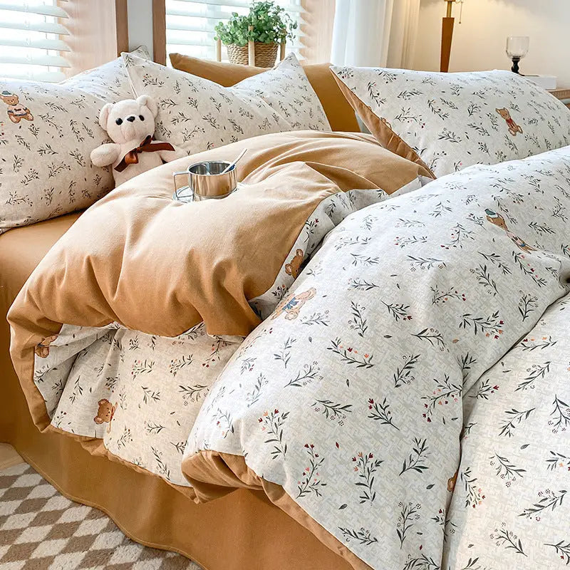 Phil Bear Thick Brushed Cotton 4-Piece Bed Sheet Set (1.5m Bed) - Fits 200x230cm Duvet - Home & Garden > Bedding >