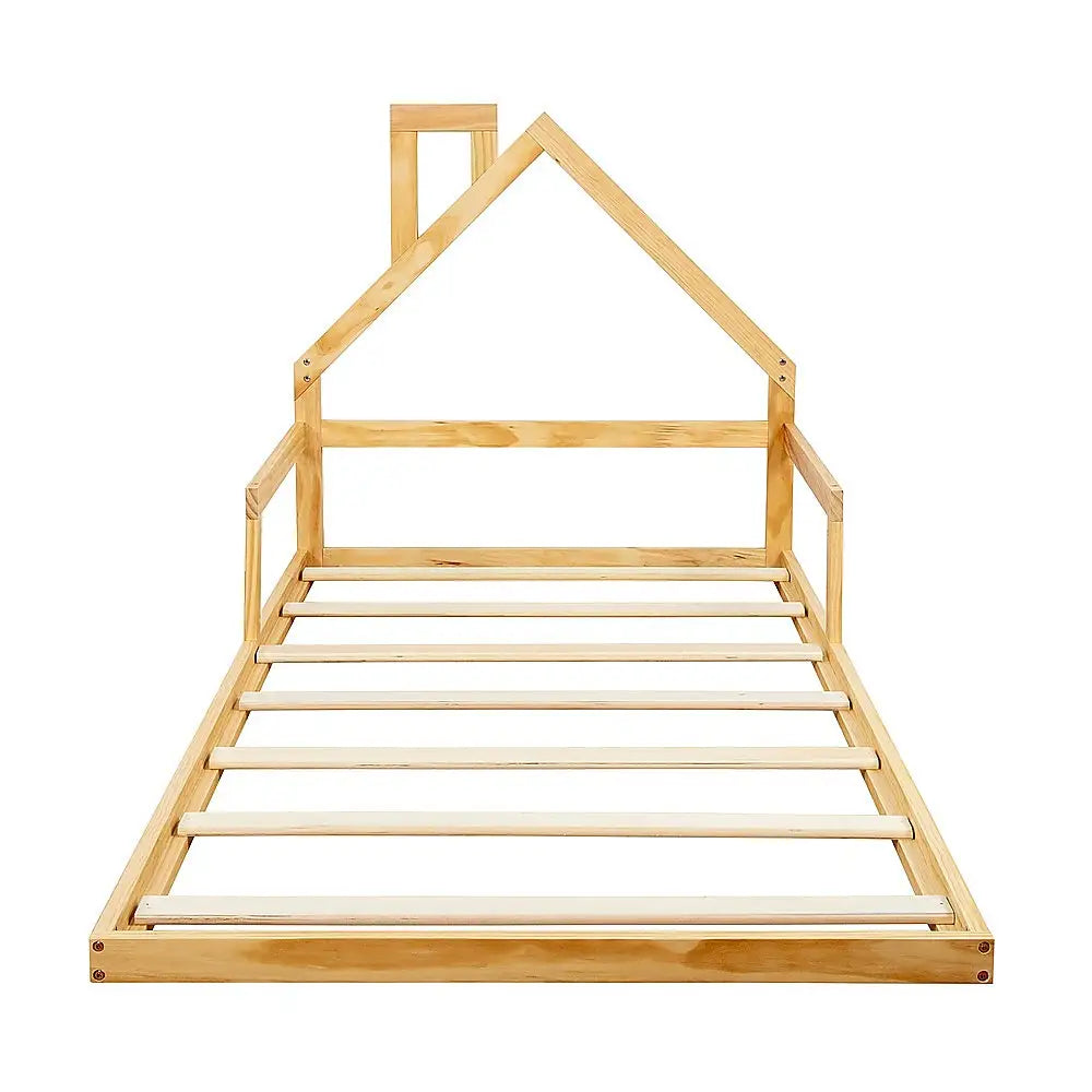 Pine Wood Floor Bed House Frame for Kids and Toddlers - Furniture > Bedroom > Beds & Bed Frames