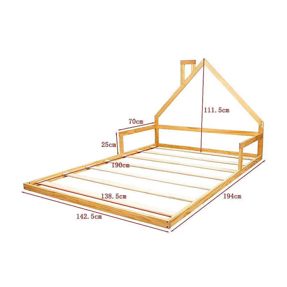 Pine Wood Floor Bed House Frame for Kids and Toddlers - Furniture > Bedroom > Beds & Bed Frames