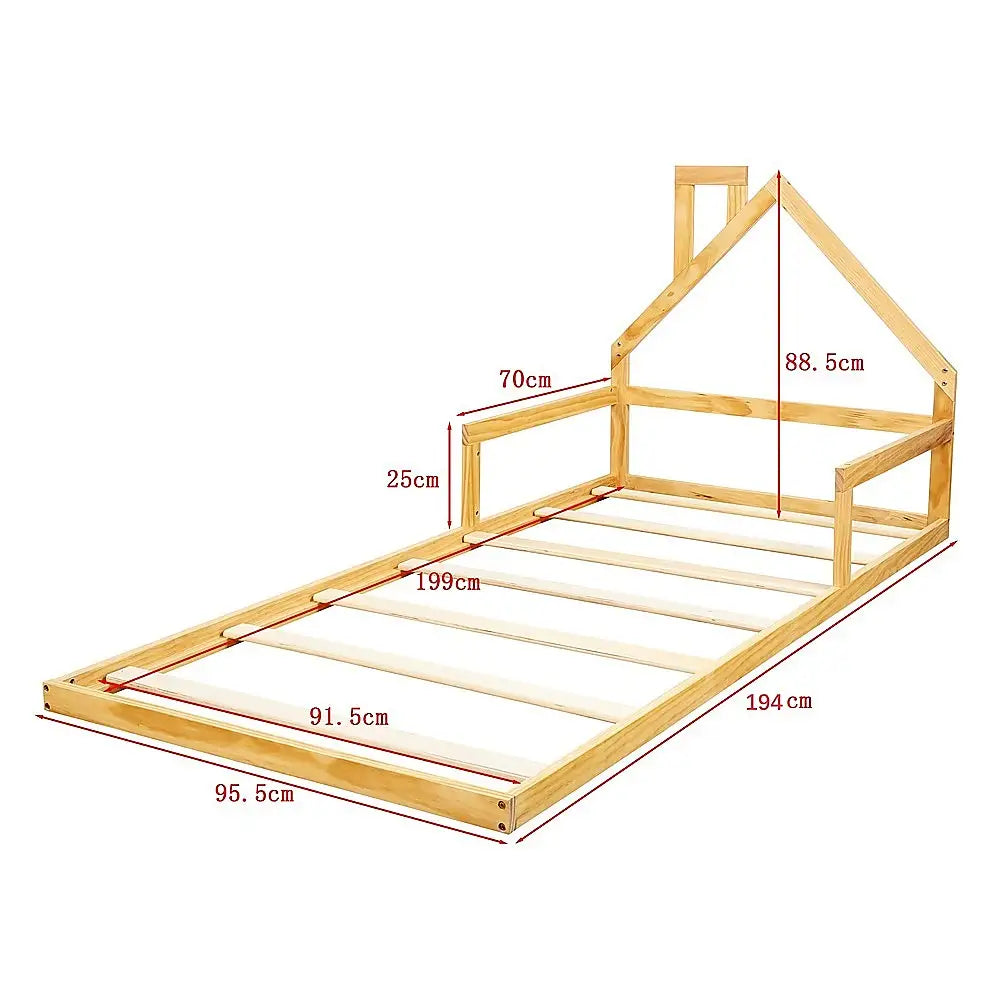 Pine Wood Floor Bed House Frame for Kids and Toddlers - Furniture > Bedroom > Beds & Bed Frames