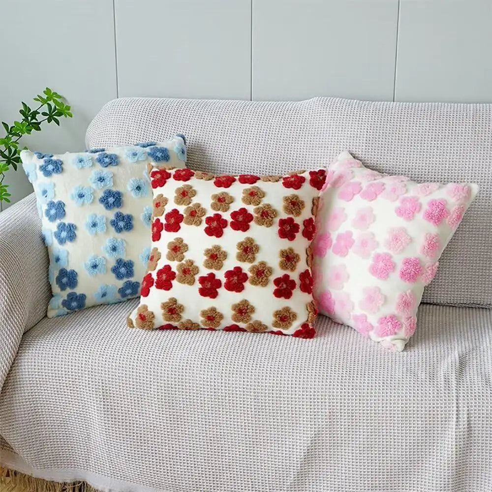 Pink Charming 3D Floral Plush Cushion Covers - Set of 4 45x45cm Soft Faux Lambswool Pillowcases for Sofa & Bed Decor