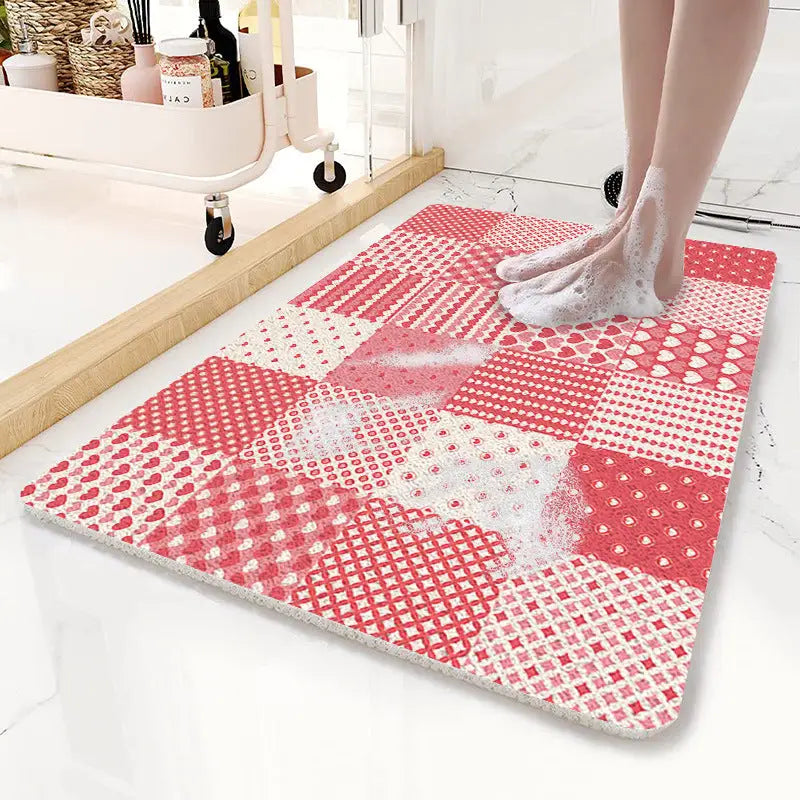 Pink Checkered Pattern PVC Non-Slip Bath Mat 50x80cm - Shower Drain Hole Design Soft & Quick-Dry Bathroom Rug - Home &