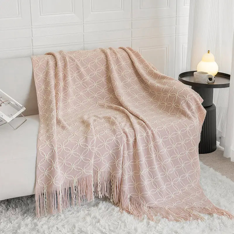 Pink Cozy Geometric Knitted Throw Blanket with Tassels - Soft Acrylic Decorative Sofa & Bed Cover 130x180cm - Home &