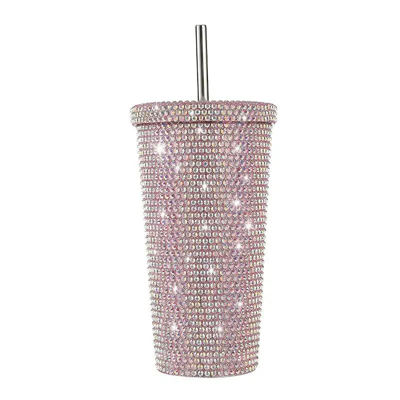 Pink Diamond-Inlaid Insulated 304 Stainless Steel Cup with Straw - Double-Walled Rhinestone Coffee Mug Gift Cup