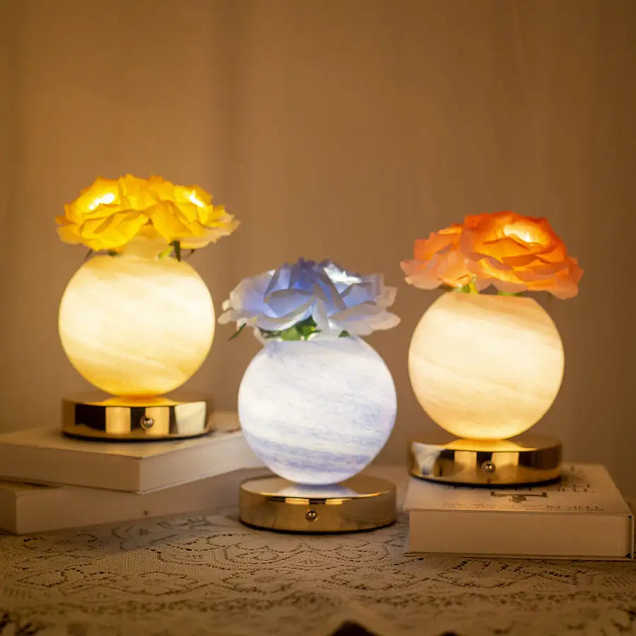 Pink Dreamy Rose Planet Lamp Night Light - Elegant 21cm USB-Charged 3-Color Touch Dimming Decor Gift - Home & Garden >