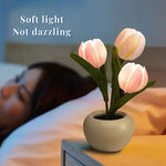 Pink Flowers USB Tulip Night Light - Bedroom Decor Table Lamp with PU Flowers & Ceramic Pot Perfect Gift for Family &