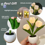 Pink Flowers USB Tulip Night Light - Bedroom Decor Table Lamp with PU Flowers & Ceramic Pot Perfect Gift for Family &