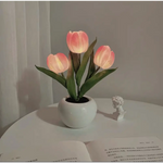 Pink Flowers USB Tulip Night Light - Bedroom Decor Table Lamp with PU Flowers & Ceramic Pot Perfect Gift for Family &
