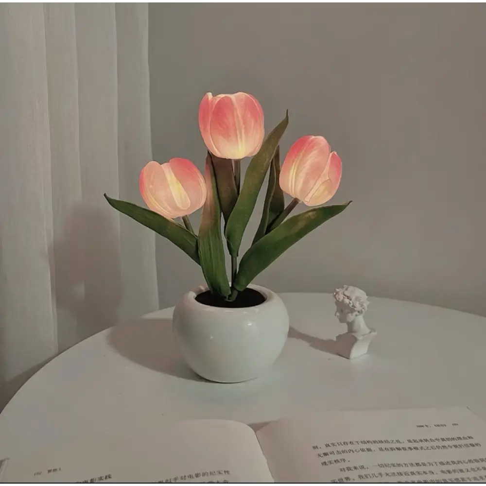 Pink Flowers USB Tulip Night Light - Bedroom Decor Table Lamp with PU Flowers & Ceramic Pot Perfect Gift for Family &