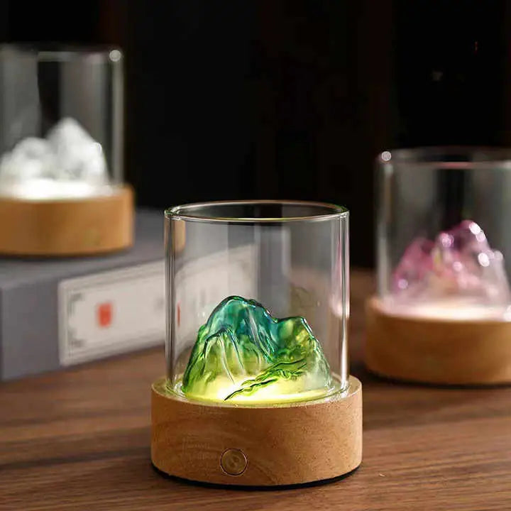 Pink Glass Mountain Ambient Night Light - USB Rechargeable Touch Control Bedside Lamp - Adjustable 3-Color Light - Home
