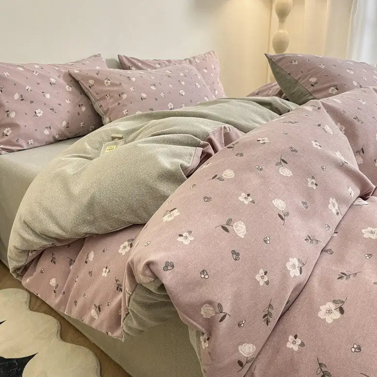 Pink-grey Thick Brushed Cotton 4-Piece Bed Sheet Set (1.5m Bed) - Fits 200x230cm Duvet - Home & Garden > Bedding >