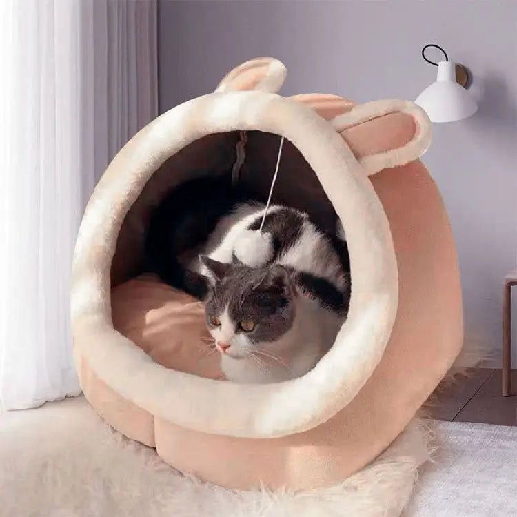 Pink Half-Enclosed Cat Bed - Soft Short Velvet Fabric with Sponge + PP Cotton Filling S Size (28x28x30cm) - Pet Care >
