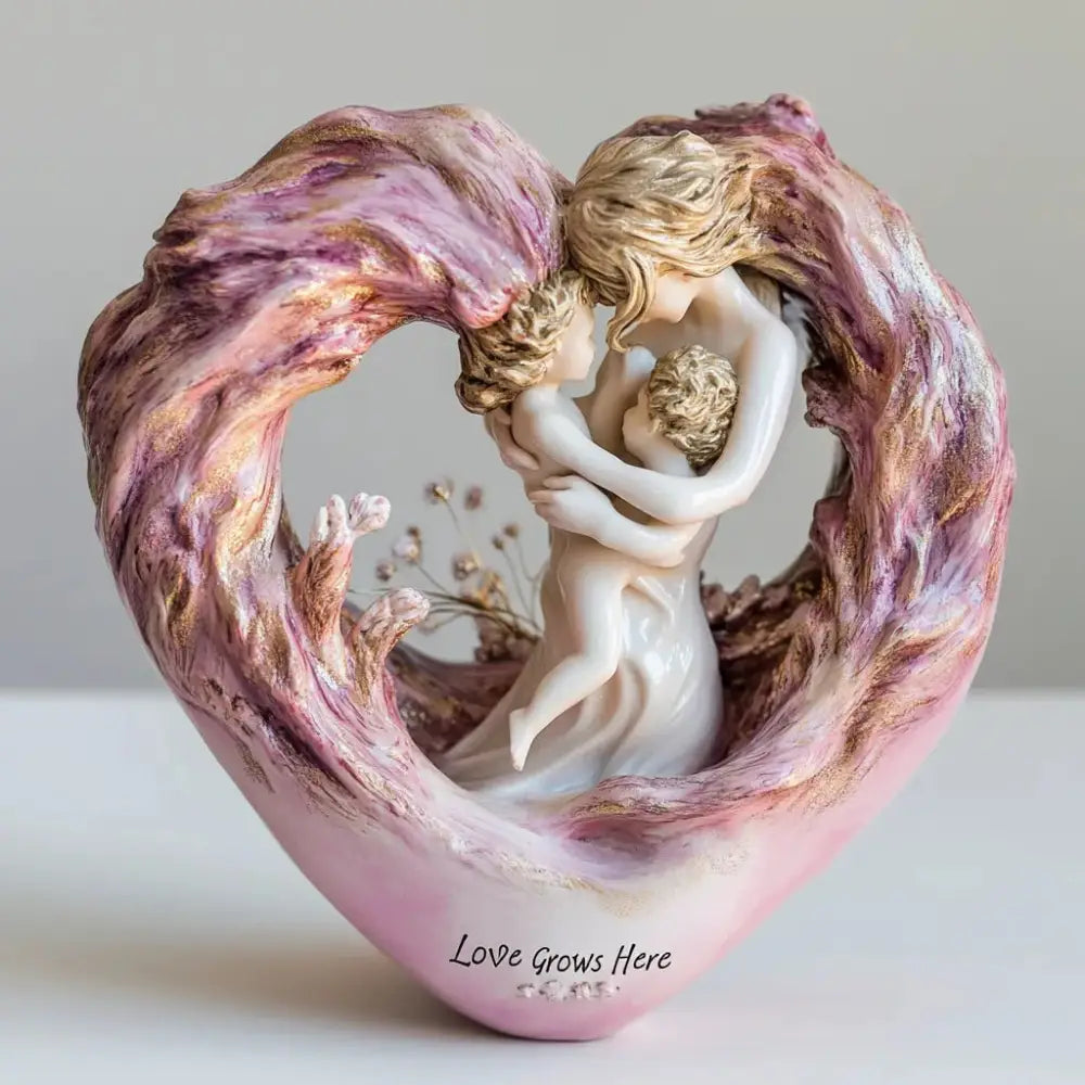 Pink Heartfelt Mother & Two Children Resin Figurine - ’Love Grows Here’ Decorative Home Accent Sculpture - Home &
