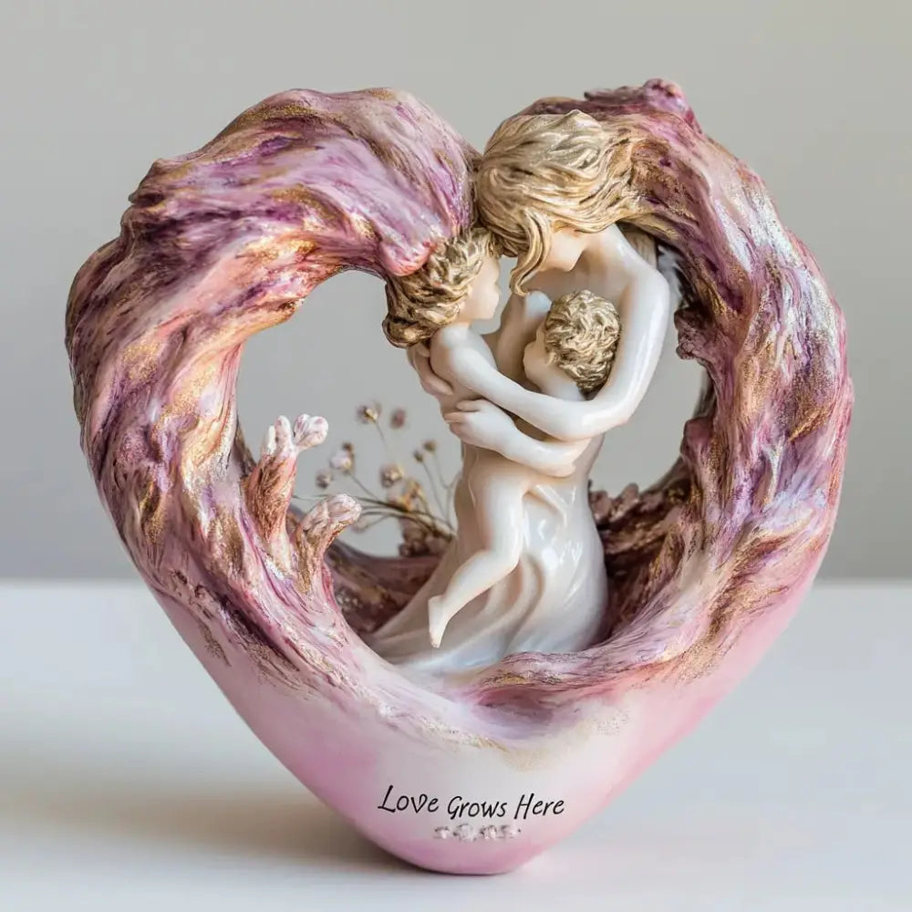Pink Heartfelt Mother & Two Children Resin Figurine - ’Love Grows Here’ Decorative Home Accent Sculpture - Home &