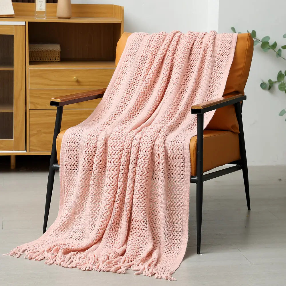 Pink Hollow Knitted Sofa Blanket with Tassels 120 x 165 cm 510g Ideal for Hotel and Home - Home & Garden > Bedding >