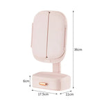 Pink LED Lighted Tri-Fold Makeup Mirror with Storage Drawer & Magnification(USB Charging Port) - Home & Garden > Decor
