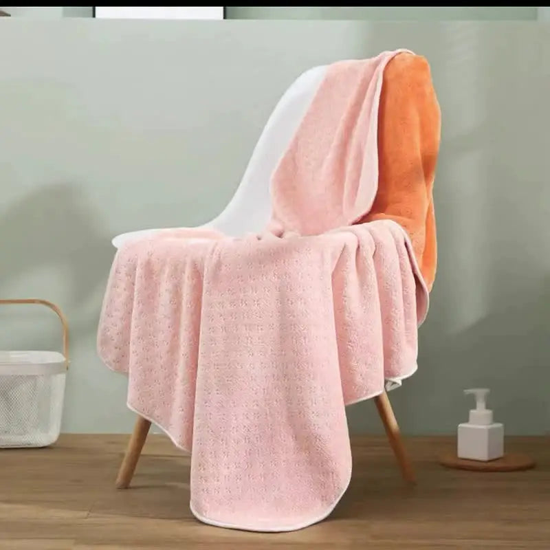 Pink-orange Oversized Double-Sided Coral Fleece Bath Towel | Soft and Absorbent Thick & Warm 70x140cm - Home & Garden >