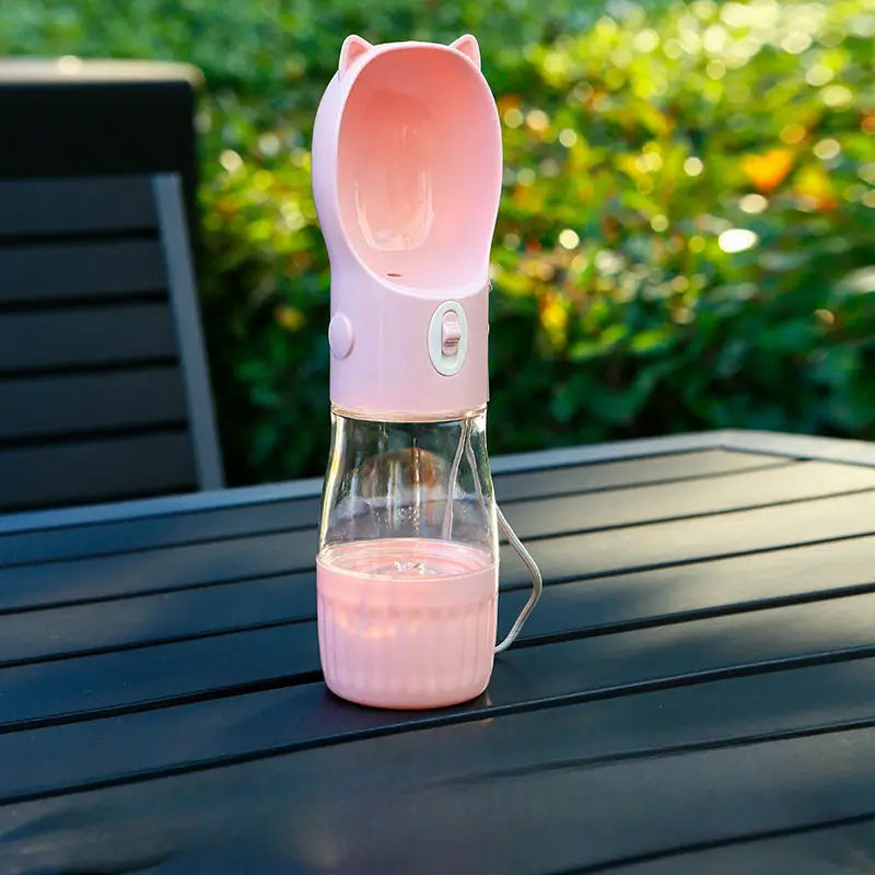 Pink Portable Dog Water Bottle with Built-in Bowl Dispenser - 250ml Water,180ml Food Capacity,Leak-proof for Travel