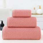Pink Premium 3-Piece Waffle Weave Cotton Towel Set - Lightweight Quick-Dry & Absorbent - Bath Hand Face Cloth - Home &