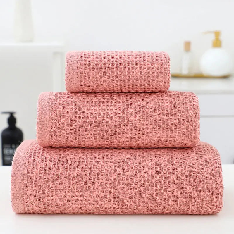 Pink Premium 3-Piece Waffle Weave Cotton Towel Set - Lightweight Quick-Dry & Absorbent - Bath Hand Face Cloth - Home &