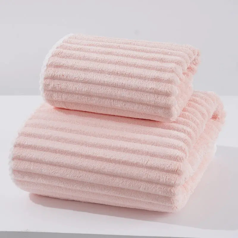 Pink Soft Candy Stripe Coral Fleece Bath Towel and Washcloth Set Ultra Absorbent Skin-Friendly - Home & Garden >